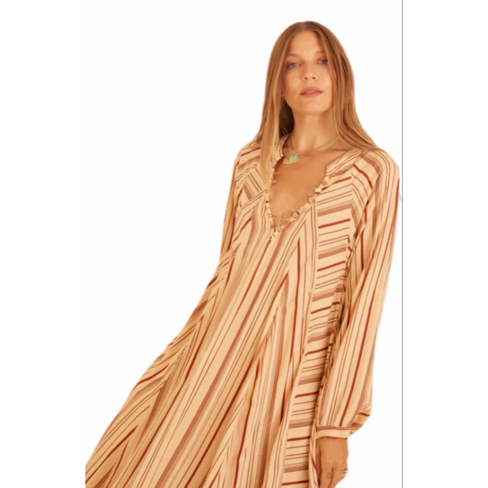 Natalie Martin Long Sleeve Button Neckline Dress Large Beige Red Striped